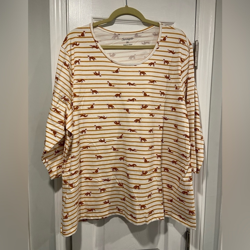 NWOT Serengeti Size 2X Mustard Stripe Red Fox Long Sleeve Crew Neck Tee Shirt